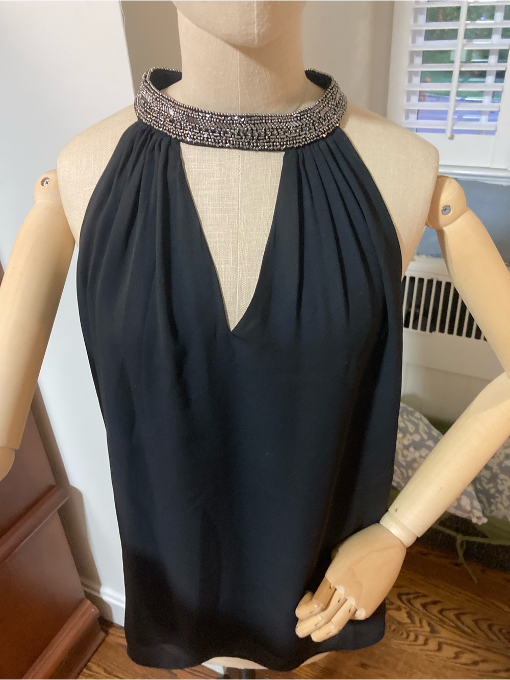 White House Black Market Black Halter Beaded Top